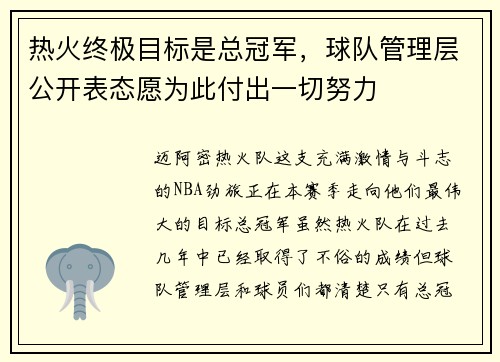 热火终极目标是总冠军，球队管理层公开表态愿为此付出一切努力