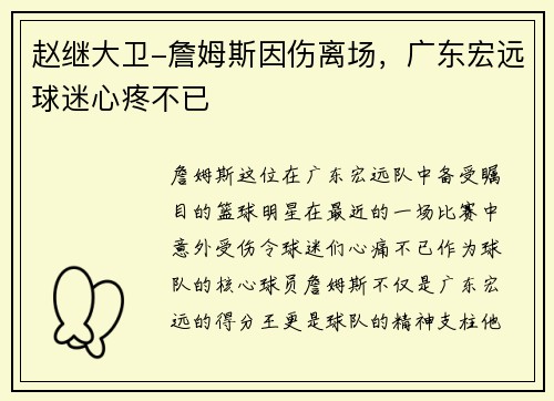 赵继大卫-詹姆斯因伤离场，广东宏远球迷心疼不已